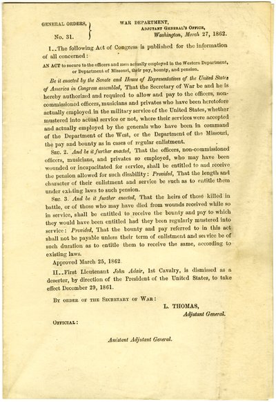 Publiceer een wet van het Congres die loon, premie en pensioen veiligstelt voor officieren en mannen die in het Western Department of Department of Missouri werken door Lorenzo Thomas