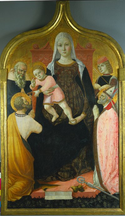Maagd en Kind, met heiligen Antonius Abt, Marcus, Severino en Sebastian, ca. 1490-96 door Lorenzo dAlessandro da Severino II