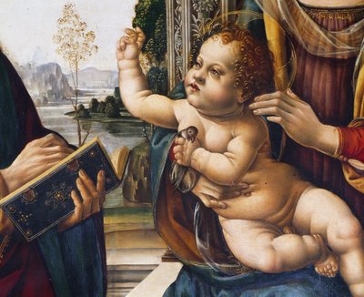 Baby Jezus, detail (Madonna en Kind met Heiligen) door Lorenzo di Credi