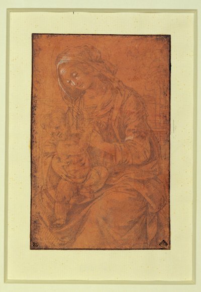 Madonna. Zilveren penpunt, wit gehoogd op zalmroze papier ... door Lorenzo di Credi