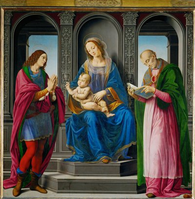 Madonna met kind, omringd door Sint-Juliaan en Sint-Nicolaas van Myra ... door Lorenzo di Credi