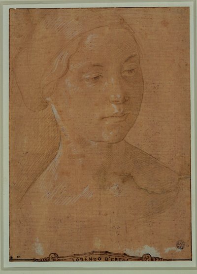 Portret van een vrouw, driekwart gezicht, haar in een net ... door Lorenzo di Credi
