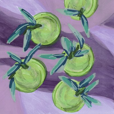 Groen fruit op paars door Lori Ann Folz