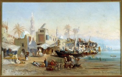 Vissers en moskeeën van de haven van Boulack in Egypte door Louis Amable Crapelet