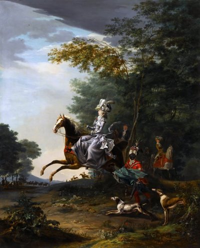 Marie-Antoinette op jacht met honden door Louis Auguste Brun de Versoix