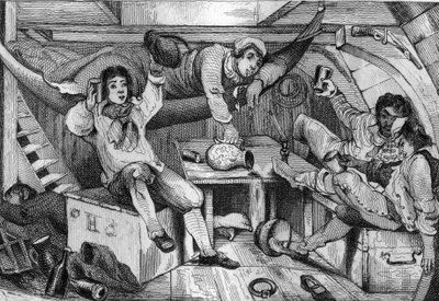 Ik was dronken en in een nacht van losbandigheid verdronk ik al mijn berouw... gravure naar de tekening van M. de Sainson voor het Boek van Daniel Defoe "Robinson Crusoe" Franse editie van 1837 door Louis Auguste de Sainson