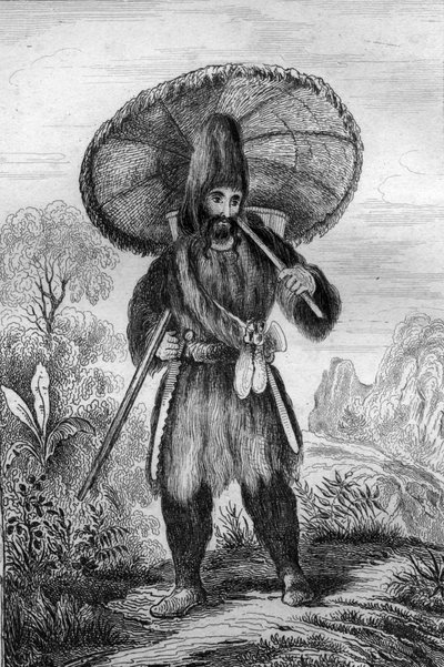 Ik droeg een hoed van een hoogte... gravure naar de tekening van M. de Sainson voor het boek van Daniel Defoe 