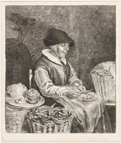 Coclers, L B, Oude vrouw boontjes doppend (1780, Rijksmuseum Amsterdam) door Louis Bernard Coclers
