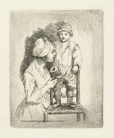 Een moeder zet een knoop aan de broek van haar zoon door Louis Bernard Coclers
