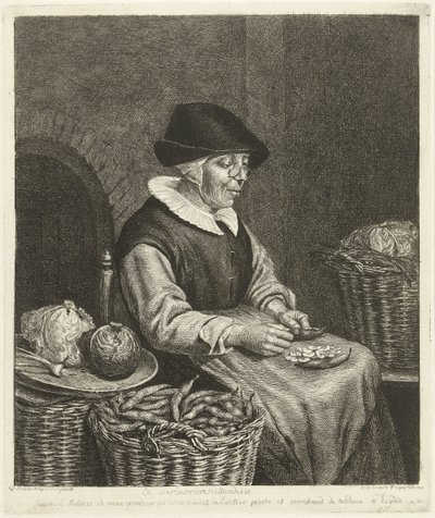 Oude vrouw bij het boontjes doppen door Louis Bernard Coclers
