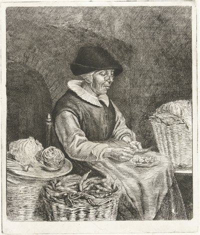 Oude vrouw bij het boontjes doppen door Louis Bernard Coclers
