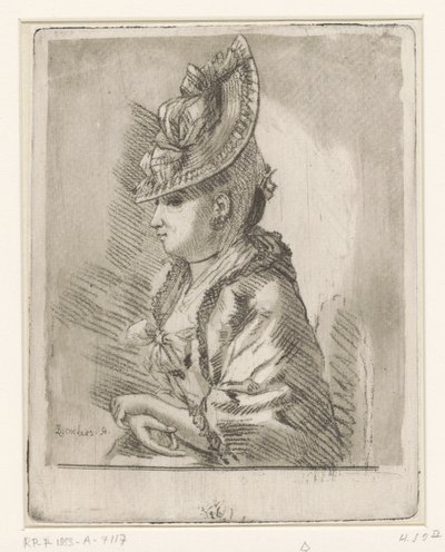 Portret van een jonge dame met hoed in profiel naar links door Louis Bernard Coclers