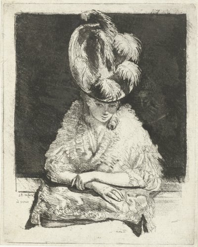 Portret van een jonge vrouw met hoed die uit het raam kijkt door Louis Bernard Coclers