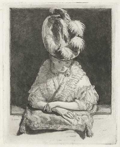 Portret van een jonge vrouw met hoed die uit het raam kijkt door Louis Bernard Coclers