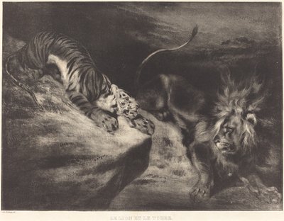 De leeuw en de tijger door Louis Candide Boulanger after Eugène Delacroix