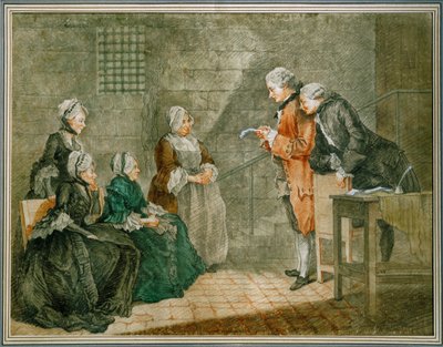 La malheureuse famille Calas - Weduwe en kinderen Calasluisteren in de Conciergerie-gevangenis naar de nietigverklaring van het vonnis tegen de vader ... door Louis Carrogis