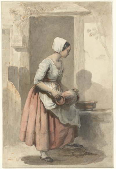 Meisje met een kruik bij de ingang van een woning door Louis Chantal