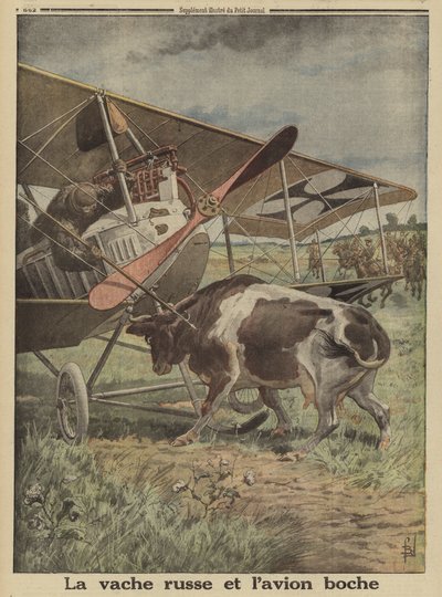 Koe die voorkomt dat een Duits vliegtuig opstijgt, Loetsk, Rusland, Eerste Wereldoorlog door Louis Charles (after) Bombled