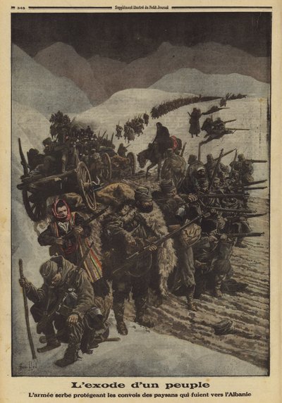 Exodus van een volk: het Servische leger beschermt een colonne boeren die naar Albanië vluchten, Eerste Wereldoorlog door Louis Charles (after) Bombled