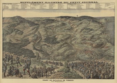 Panoramisch uitzicht op het slagveld van Verdun, Frankrijk, Eerste Wereldoorlog door Louis Charles (after) Bombled