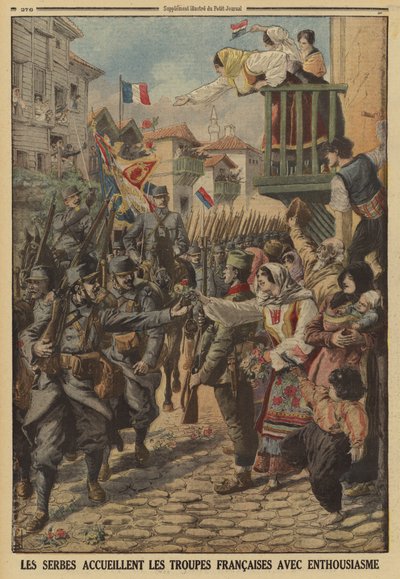 Servische burgers begroeten enthousiast de aankomst van Franse troepen, Eerste Wereldoorlog door Louis Charles (after) Bombled