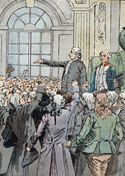Franse Revolutie: De afgevaardigde Jean Sylvain Bailly werd verkozen tot burgemeester van Parijs op 15/07/1789 in aanwezigheid van La Fayette - Illustratie door Louis Charles B door Louis Charles Bombled