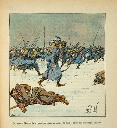 Het leger van de Loire door Eugene Sergent, alias Grenest, geïllustreerd door Louis Bombled (1862-1927) (Frans-Duitse Oorlog; campagne van 1870-1871): Slag bij Le Mans, januari 1871, de jager Martin van het 10e bataljon laat zijn bajonet in het lichaam van door Louis Charles Bombled