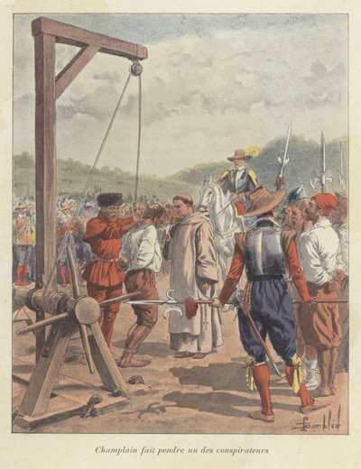 Samuel de Champlain hangt een samenzweerder op, Canada, 17e eeuw door Louis Charles Bombled