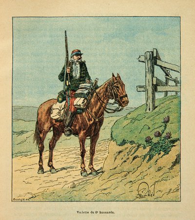 Het leger van de Loire door Eugene Sergent, geïllustreerd door Louis Bombled: Ster van de 6e huzaren, betrokken bij de slag bij Toury in oktober 1870 door Louis Charles Bombled