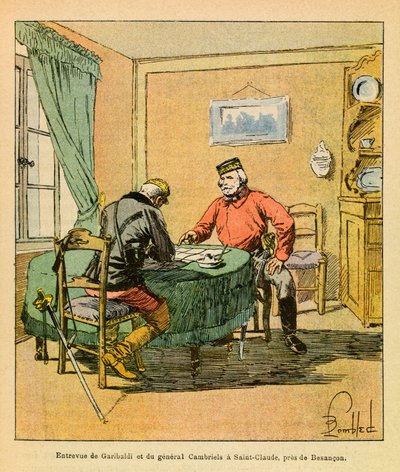 Het Oostelijke Leger van Eugene Sergeant, bekend als Grenest, geïllustreerd door Louis Bombled (1862-1927) (Frans-Duitse Oorlog; campagne van 1870-1871): Interview van Garibaldi en generaal Cambriels bij Saint Claude nabij Besancon in oktober 1870, Privéco door Louis Charles Bombled