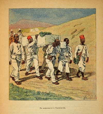 De oorlog in Madagaskar-Anekdotische geschiedenis van de Franse expedities van 1885-1895 door Henri Galli alias Galllichet (1854-1922), geïllustreerd door Louis Bombled (1862-1927): Begrafenis van een soldaat in Tsarasaotra in 1895, Privécollectie door Louis Charles Bombled