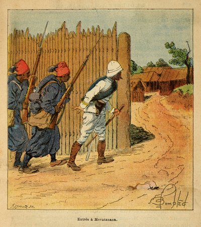 De oorlog in Madagaskar-Anekdotische geschiedenis van de Franse expedities van 1885-1895 door Henri Galli alias Galllichet (1854-1922), geïllustreerd door Louis Bombled (1862-1927): Franse troepen betraden het dorp Mevatanana in 1895, Privécollectie door Louis Charles Bombled