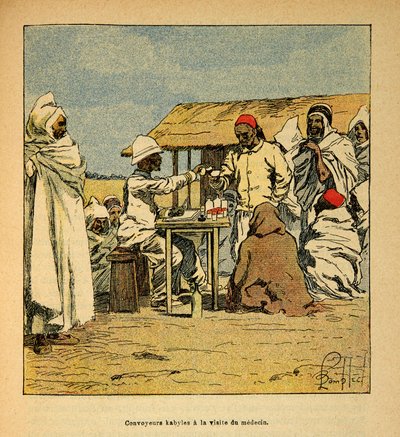 De oorlog in Madagaskar - Anekdotische geschiedenis van de Franse expedities van 1885-1895 door Henri Galli, geïllustreerd door Louis Bombled: Kabiele konvooien, bezoek van een militaire arts door Louis Charles Bombled