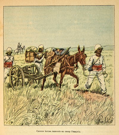 De oorlog in Madagaskar - Anekdotische geschiedenis van de Franse expedities van 1885-1895 door Henri Galli, geïllustreerd door Louis Bombled: Hovas kanonnen teruggebracht naar het Franse kamp door Louis Charles Bombled