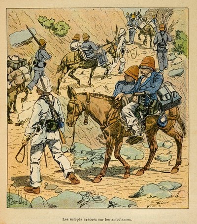 De oorlog in Madagaskar - Anekdotische geschiedenis van de Franse expedities van 1885-1895 door Henri Galli, geïllustreerd door Louis Bombled: De Eclopes van het leger ontsnappen op noodambulances in Madagaskar door Louis Charles Bombled