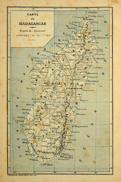 De oorlog in Madagaskar - Anecdotische geschiedenis van de Franse expedities van 1885-1895 door Henri Galli, geïllustreerd door Louis Bombled: Kaart van Madagaskar, privécollectie door Louis Charles Bombled
