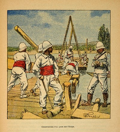 De oorlog in Madagaskar - Anecdotische geschiedenis van de Franse expedities van 1885-1895 door Henri Galli, geïllustreerd door Louis Bombled: Bouw van een brug door de genie over de Ikopa-rivier in 1895, privécollectie door Louis Charles Bombled