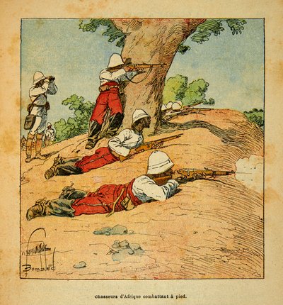De oorlog in Madagaskar - Anecdotische geschiedenis van de Franse expedities van 1885-1895 door Henri Galli, geïllustreerd door Louis Bombled: Jagers van Afrika vechten te voet in Madagaskar in 1895, privécollectie door Louis Charles Bombled