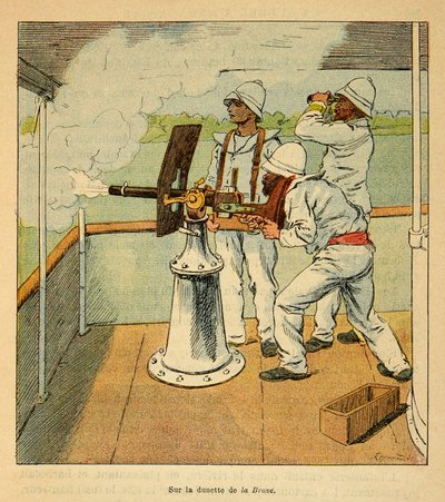 De oorlog in Madagaskar - Anecdotische geschiedenis van de Franse expedities van 1885-1895 door Henri Galli, geïllustreerd door Louis Bombled: Kanonschot op de Hovas aan boord van de kanonneerboot 