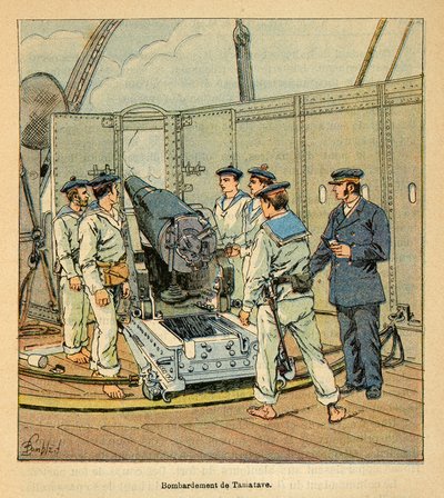 De oorlog in Madagaskar - Anecdotische geschiedenis van de Franse expedities van 1885-1895 door Henri Galli, geïllustreerd door Louis Bombled: Bombardement van Tamatave door de Franse marine, privécollectie door Louis Charles Bombled