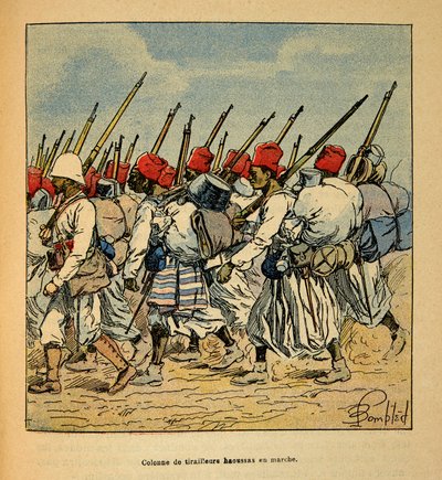 De oorlog in Madagaskar - Anecdotische geschiedenis van de Franse expedities van 1885-1895 door Henri Galli, geïllustreerd door Louis Bombled: Kolonne van Haoussas Tirailleurs marcherend in 1895 door Louis Charles Bombled