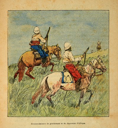 De oorlog in Madagaskar-Anekdotische geschiedenis van de Franse expedities van 1885-1895 door Henri Galli, geïllustreerd door Louis Bombled: Herkenning van gendarmes en jagers uit Afrika in Madagaskar in 1895 door Louis Charles Bombled