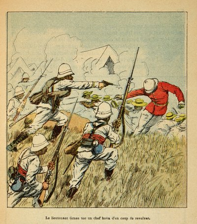 De oorlog in Madagaskar-Anekdotische geschiedenis van de Franse expedities van 1885-1895 door Henri Galli, geïllustreerd door Louis Bombled: Luitenant Grss doodt een Hova-hoofd tijdens de Tsarasaotra-gevechten in 1895 door Louis Charles Bombled