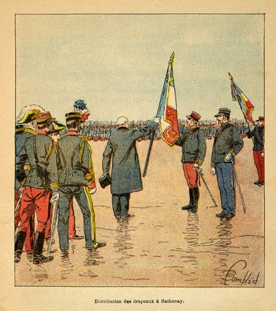 De oorlog in Madagaskar-Anekdotische geschiedenis van de Franse expedities van 1885-1895 door Henri Galli, geïllustreerd door Louis Bombled: Distributie van vlaggen in Sathonay aan de troepen die vertrekken naar Madagaskar in 1895 door Louis Charles Bombled