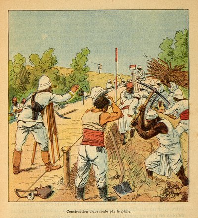 De oorlog in Madagaskar - Anecdotische geschiedenis van de Franse expedities van 1885-1895 door Henri Galli, geïllustreerd door Louis Bombled: Aanleg van een weg in Madagaskar door Genie in 1895 door Louis Charles Bombled