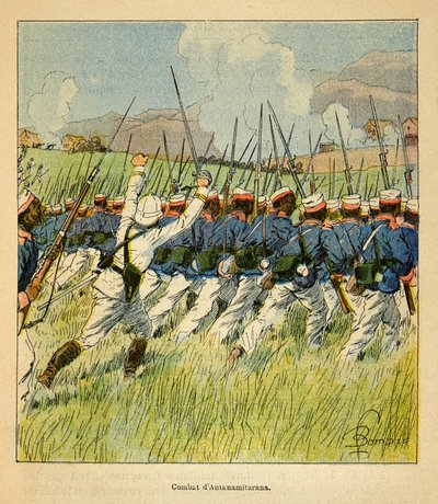 De oorlog in Madagaskar - Anecdotische geschiedenis van de Franse expedities van 1885-1895 door Henri Galli, geïllustreerd door Louis Bombled: Franse troepen tijdens de Antanamitarana-gevechten in 1895 door Louis Charles Bombled