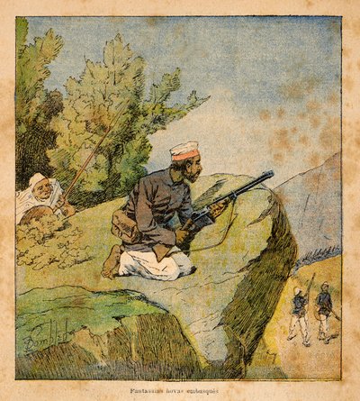 De oorlog in Madagaskar - Anecdotische geschiedenis van de Franse expedities van 1885-1895 door Henri Galli, geïllustreerd door Louis Bombled: Hovas hinderlagen door Louis Charles Bombled