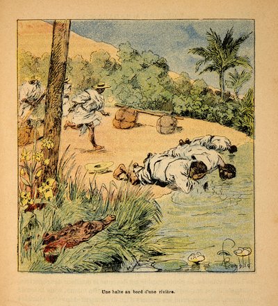 De Oorlog in Madagaskar-Anekdotische Geschiedenis van de Franse Expedities van 1885-1895 door Henri Galli alias Galllichet (1854-1922), geïllustreerd door Louis Bombled (1862-1927): Een stop bij de rivier in 1895, Privécollectie door Louis Charles Bombled