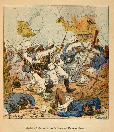 De oorlog in Madagaskar - Anecdotische geschiedenis van de Franse expedities van 1885-1895 door Henri Galli, geïllustreerd door Louis Bombled: Luitenant Foreston gewond tijdens de gevechten van Ambolomonty in 1895, Privécollectie door Louis Charles Bombled