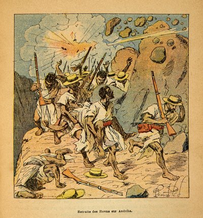De oorlog in Madagaskar-Anekdotische geschiedenis van de Franse expedities van 1885-1895 door Henri Galli dit Galllichet (1854-1922), geïllustreerd door Louis Bombled (1862-1927): Terugtocht van de Hovas op Andriba, Privécollectie door Louis Charles Bombled